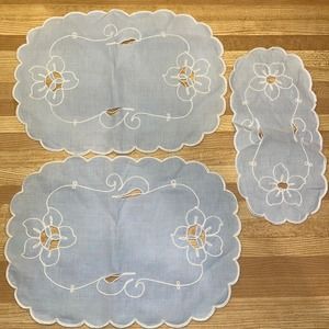Vintage Blue with White Embroidery Doilies Dresser Scarfs 3 pieces
